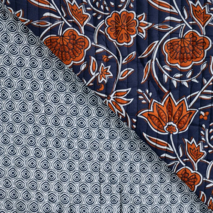 Tissu Matelassé Floral Bleu Marine & Terracotta