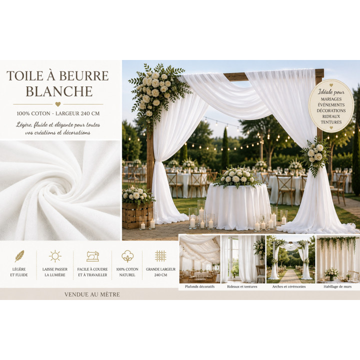 Toile à beurre blanche 250 cm – 100 % coton